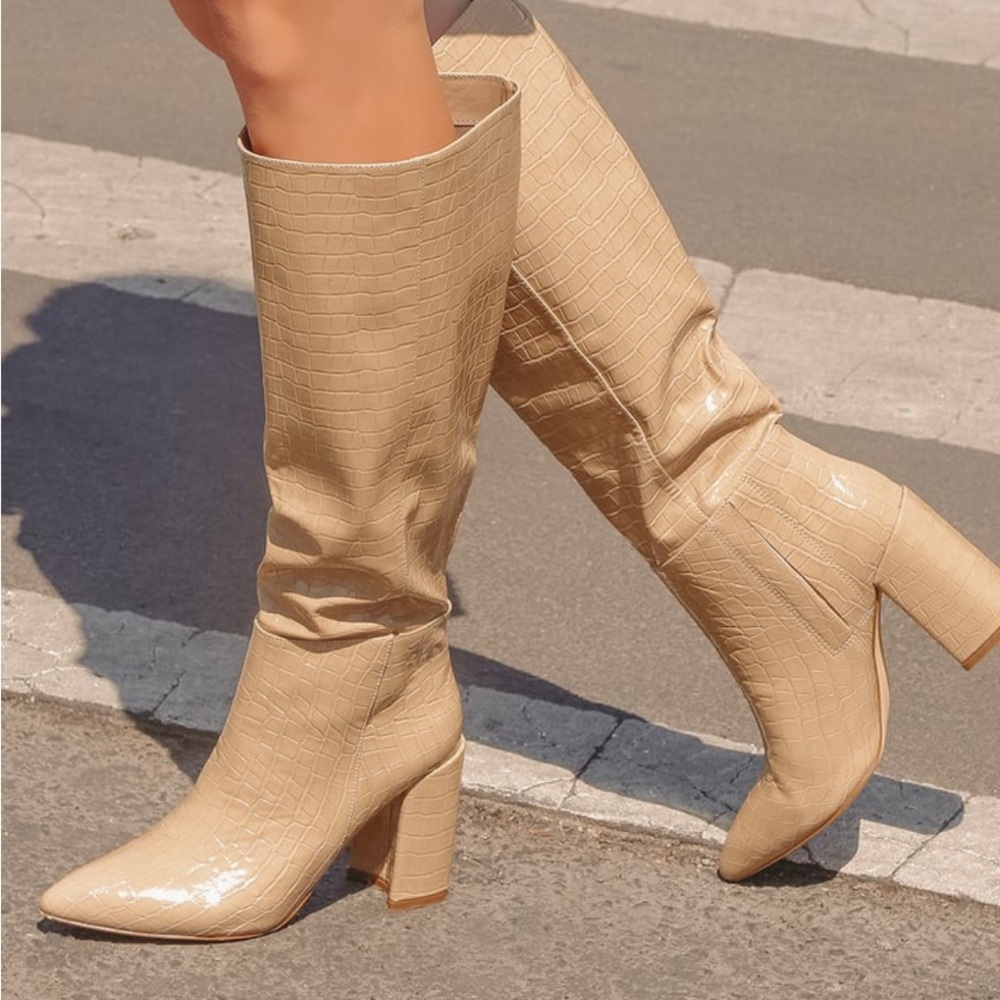 NEW - Lulus - Katari Light Nude Croc Pointed-Toe Knee High Boots